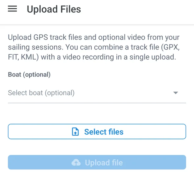 The app's Upload Files screen, with a boat picker and a Select files button
