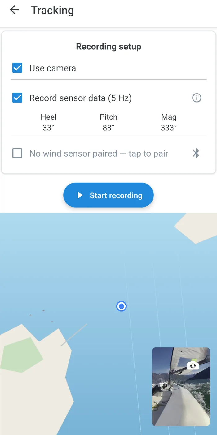 The app's Recording setup screen, with sensor readouts, a live map, and a camera preview