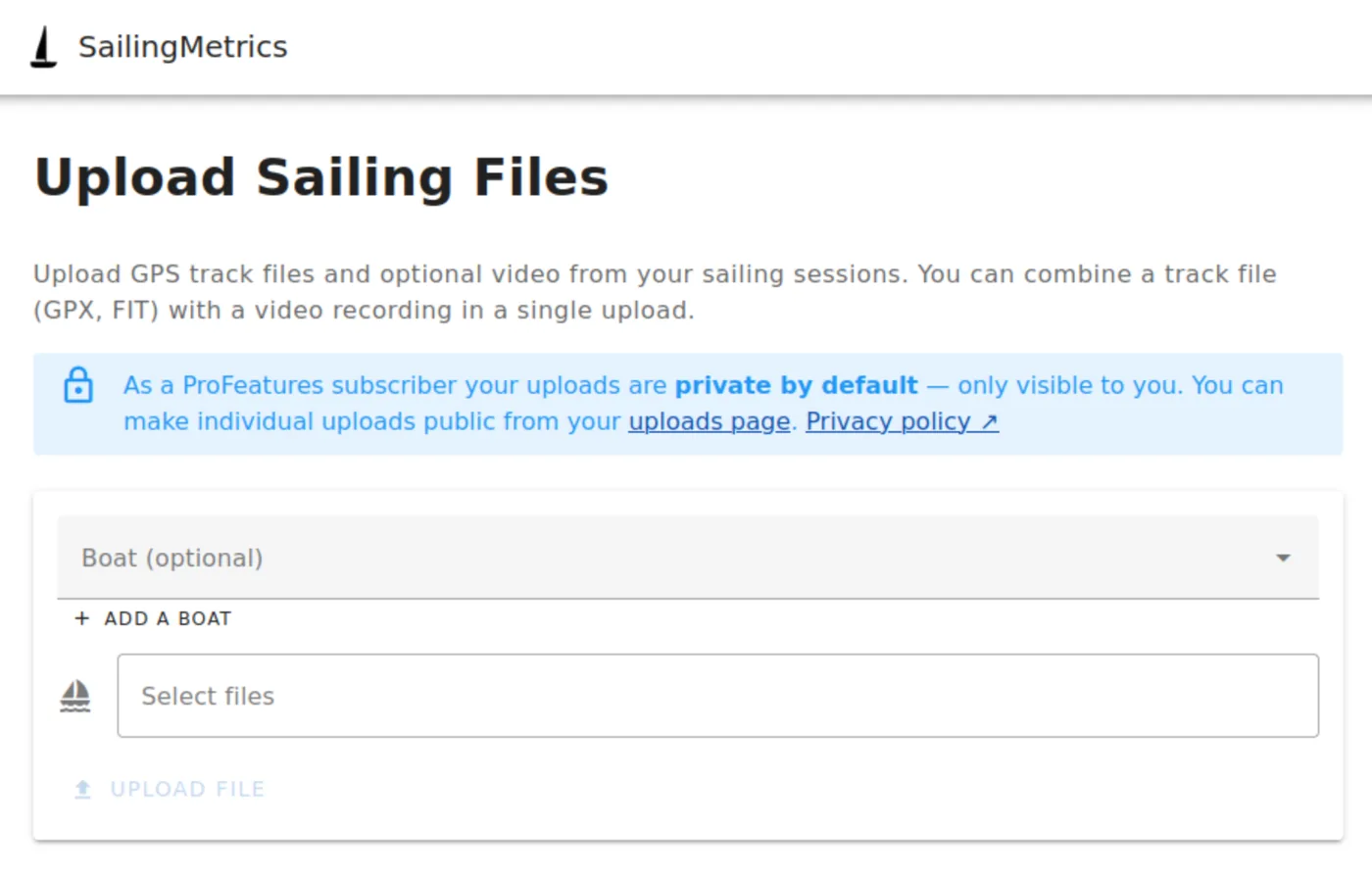 The Upload Sailing Files form on sailingmetrics.com, with a boat picker and a file selector
