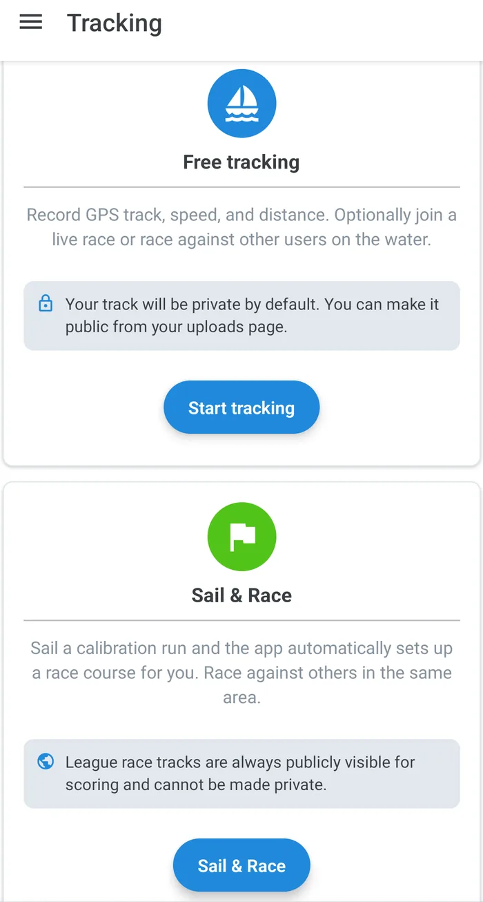The app's Tracking screen, showing the Free tracking and Sail & Race options
